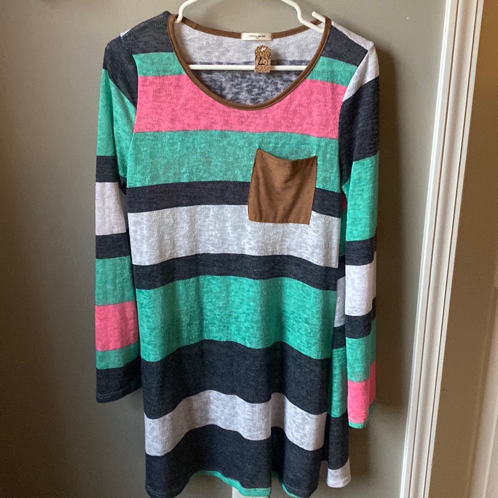 Green, navy, pink and white tunic 12pm by Min Ami
